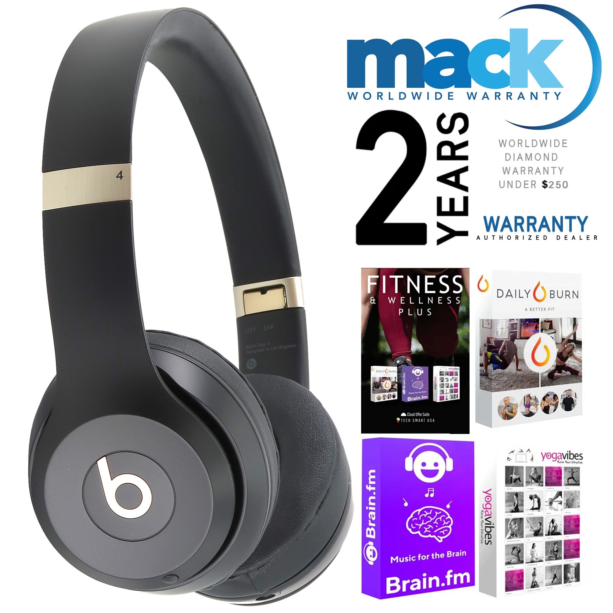 Beats Solo 4 Wireless On-Ear Headphones (Black & Gold) + Mack 2yr